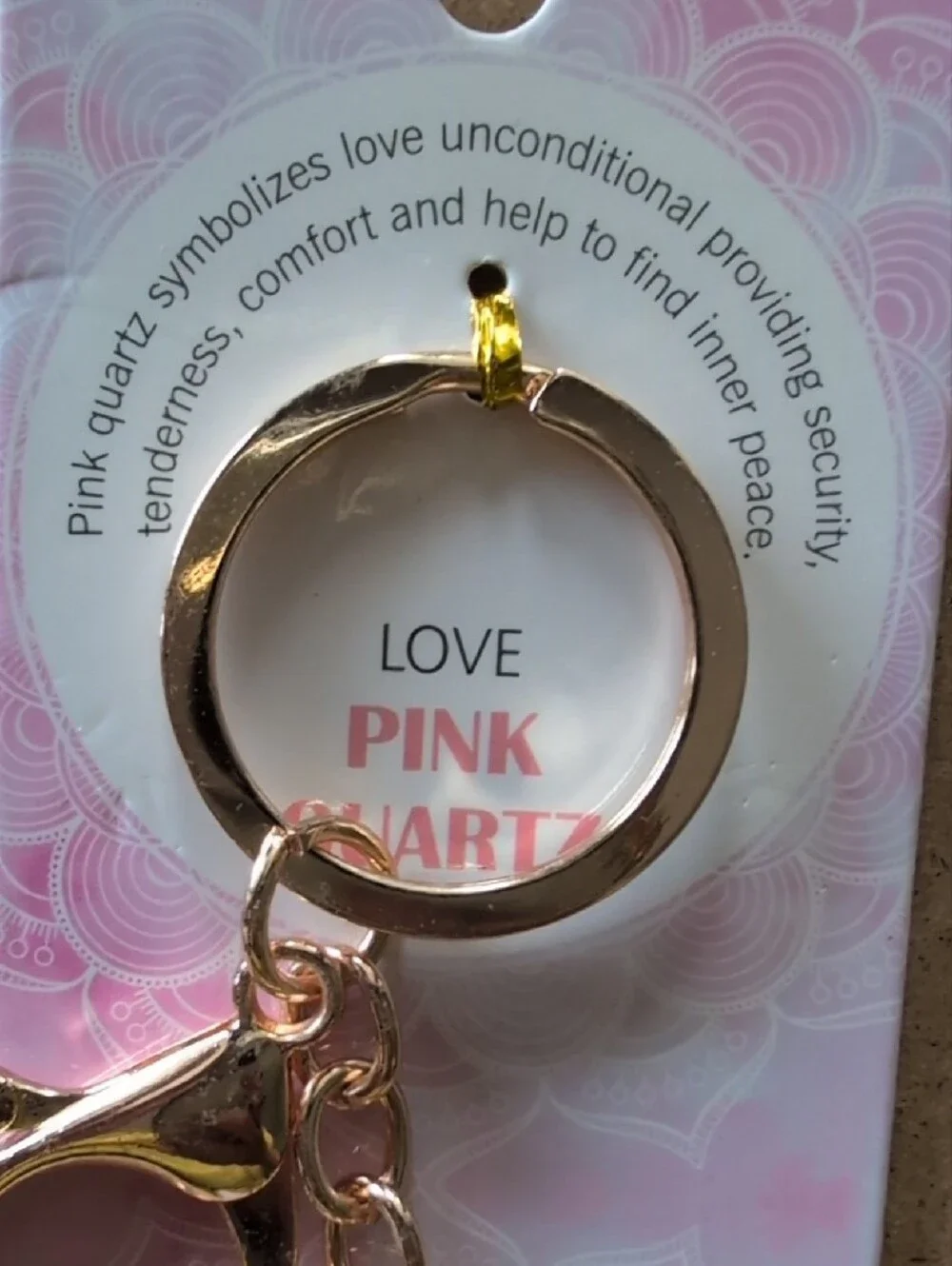 Love Gold-Tone Keyring with Pink Quartz Purse Charm